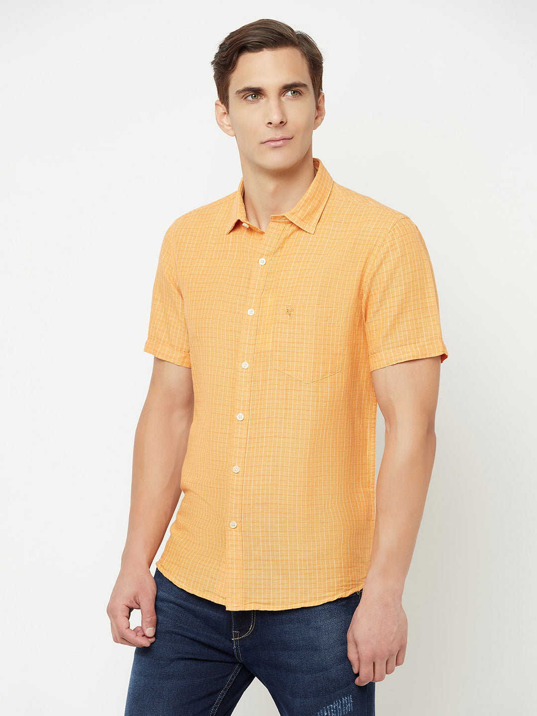 Cantabil Men Cotton Blend Checkered Orange Half Sleeve Casual Shirt for Men with Pocket (6827124949131)