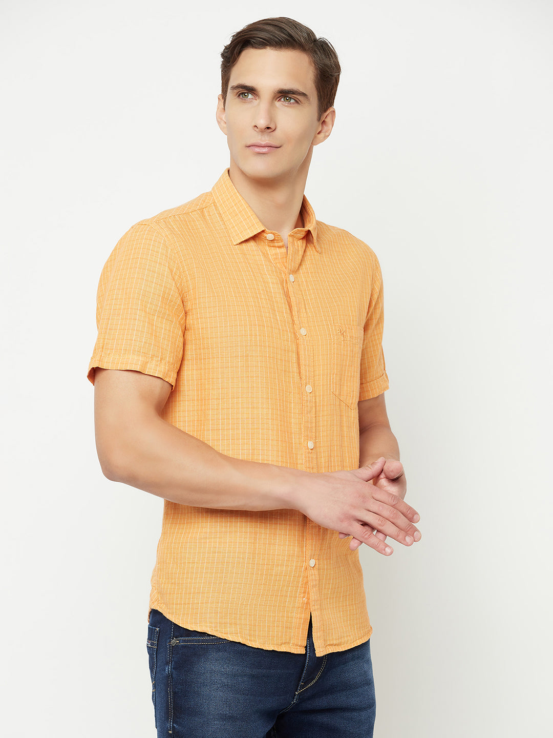 Cantabil Men Cotton Blend Checkered Orange Half Sleeve Casual Shirt for Men with Pocket (6827124949131)