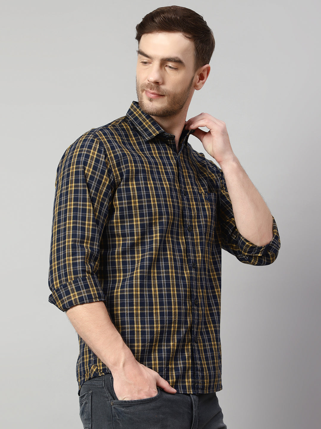 Cantabil Men Cotton Checkered Olive Full Sleeve Casual Shirt for Men with Pocket (7114274013323)