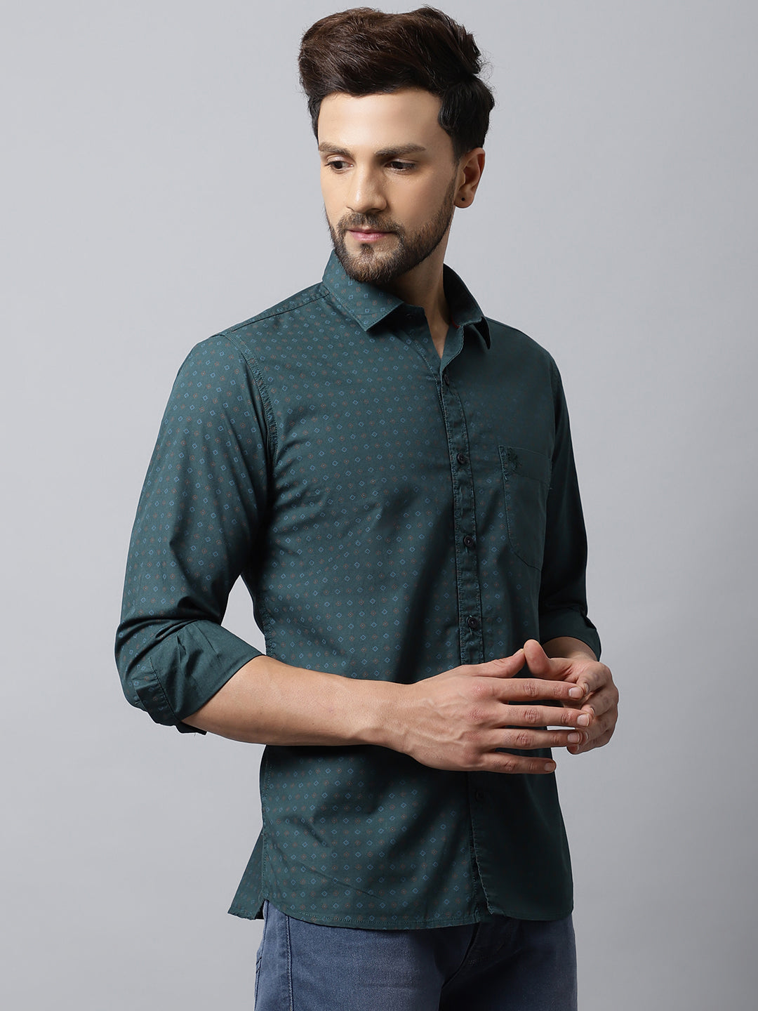 Cantabil Men Cotton Printed Green Full Sleeve Casual Shirt for Men with Pocket (7048379629707)