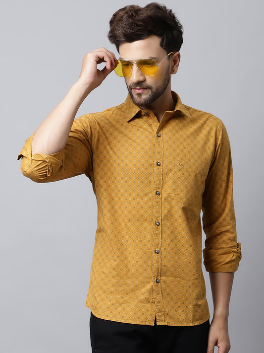 Cantabil Men Cotton Printed Full Sleeve Mustard Casual Shirt for Men with Pocket (7048380842123)