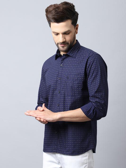 Cantabil Men Cotton Printed Full Sleeve Casual Navy Blue Shirt for Men with Pocket (7048381431947)