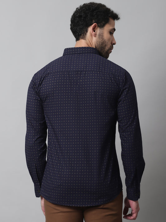 Cantabil Cotton Navy Blue Printed Full Sleeve Casual Shirt for Men with Pocket (7070443208843)