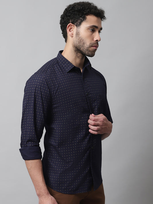 Cantabil Cotton Navy Blue Printed Full Sleeve Casual Shirt for Men with Pocket (7070443208843)