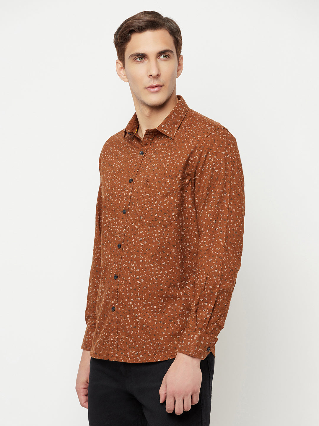 Cantabil Cotton Printed Brown Full Sleeve Casual Shirt for Men with Pocket (6814913003659)