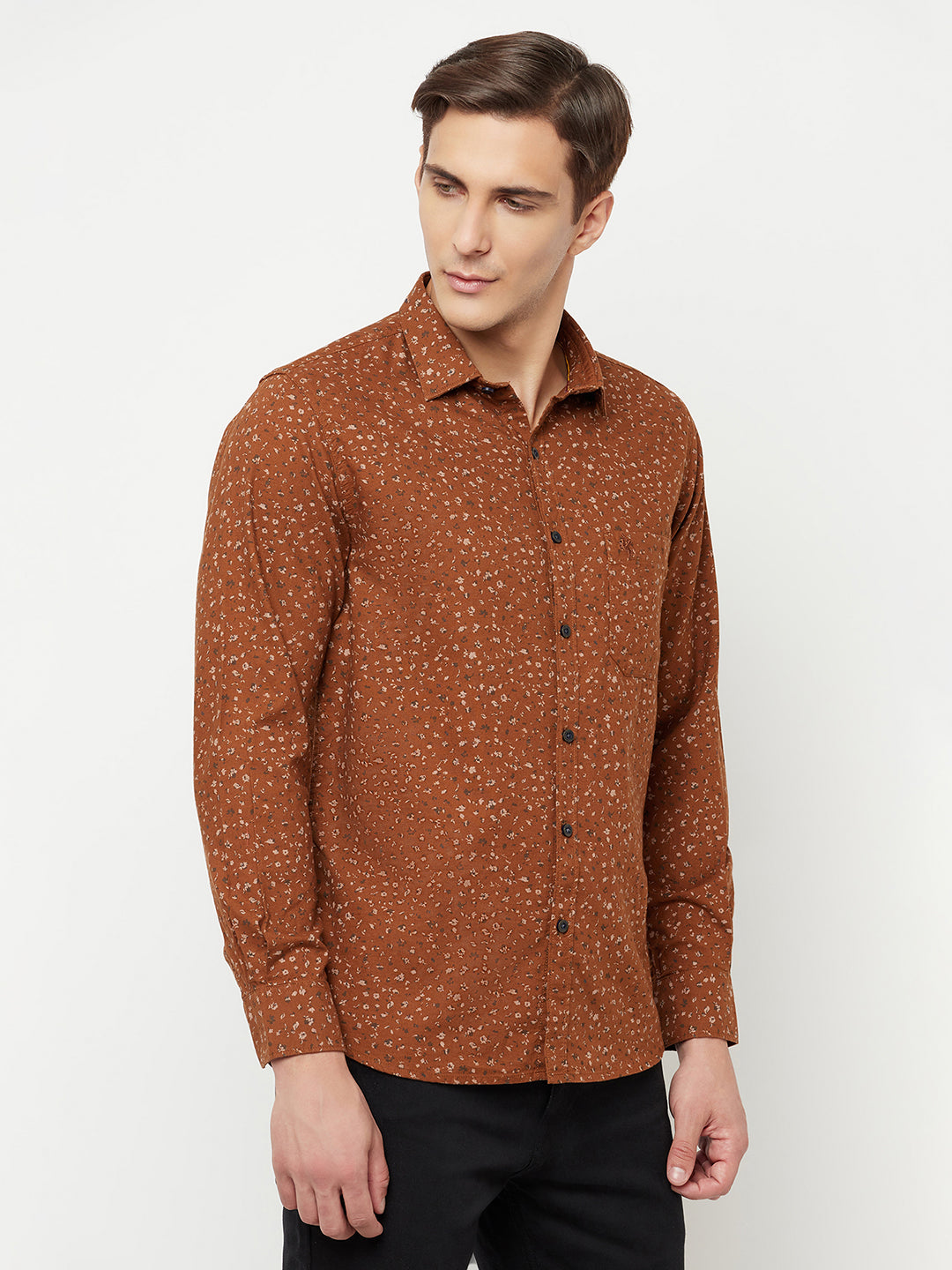 Cantabil Cotton Printed Brown Full Sleeve Casual Shirt for Men with Pocket (6814913003659)