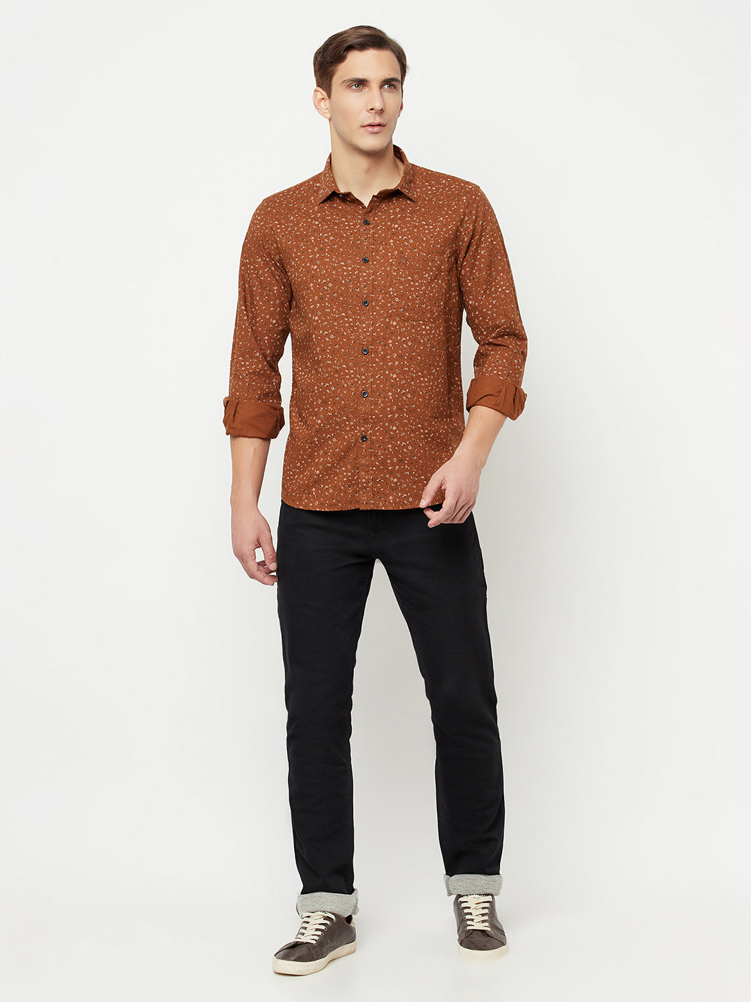 Cantabil Cotton Printed Brown Full Sleeve Casual Shirt for Men with Pocket (6814913003659)