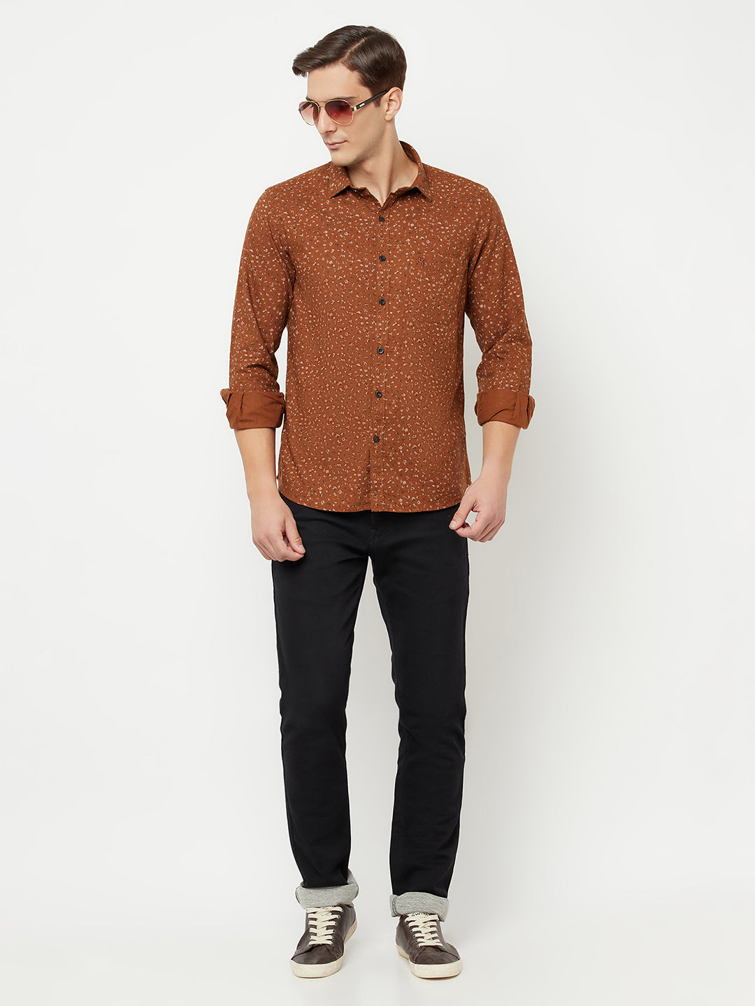 Cantabil Cotton Printed Brown Full Sleeve Casual Shirt for Men with Pocket (6814913003659)