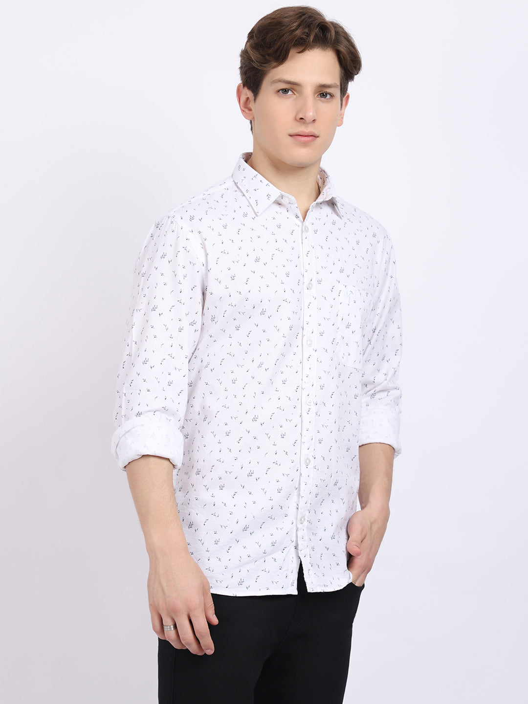 Cantabil Cotton Printed White Full Sleeve Casual Shirt for Men with Pocket (6865441390731)