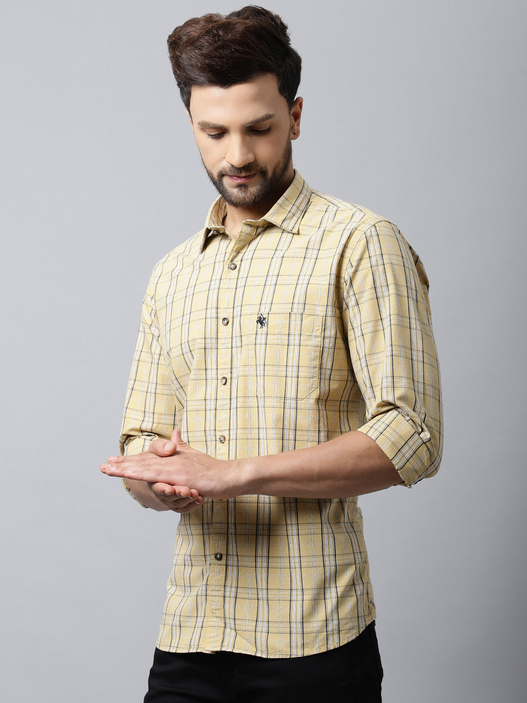 Cantabil Cotton Checkered Yellow Full Sleeve Casual Shirt for Men with Pocket (7048382611595)