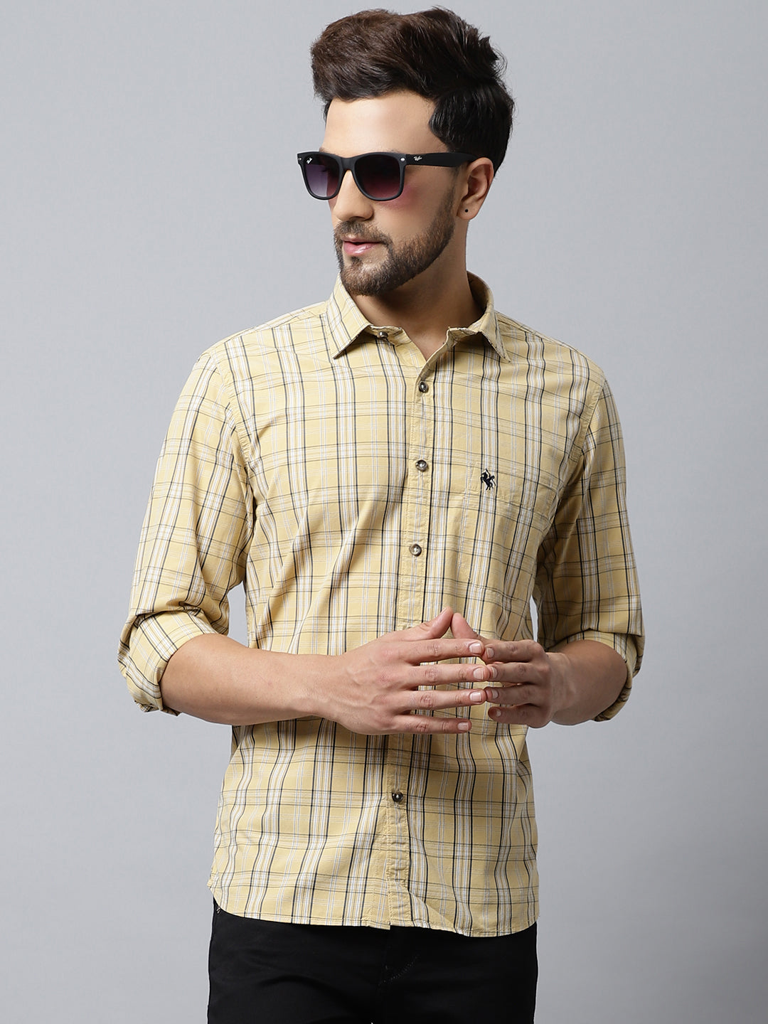 Cantabil Cotton Checkered Yellow Full Sleeve Casual Shirt for Men with Pocket (7048382611595)