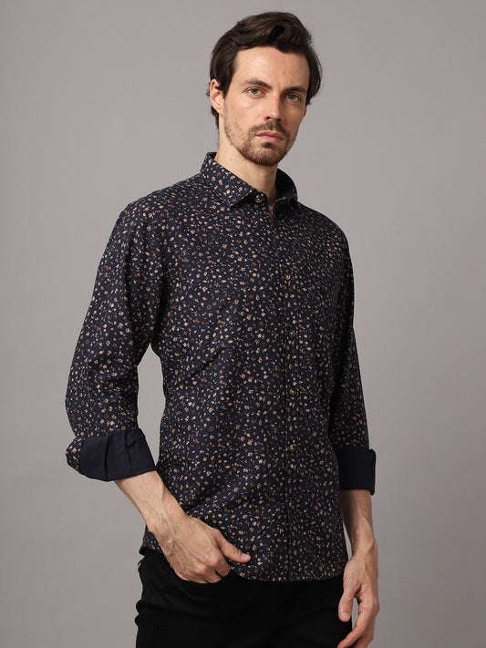 Cantabil Cotton Printed Navy Blue Full Sleeve Casual Shirt for Men with Pocket (7048383660171)