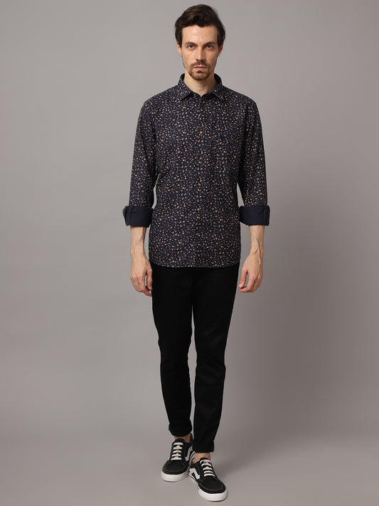 Cantabil Cotton Printed Navy Blue Full Sleeve Casual Shirt for Men with Pocket (7048383660171)
