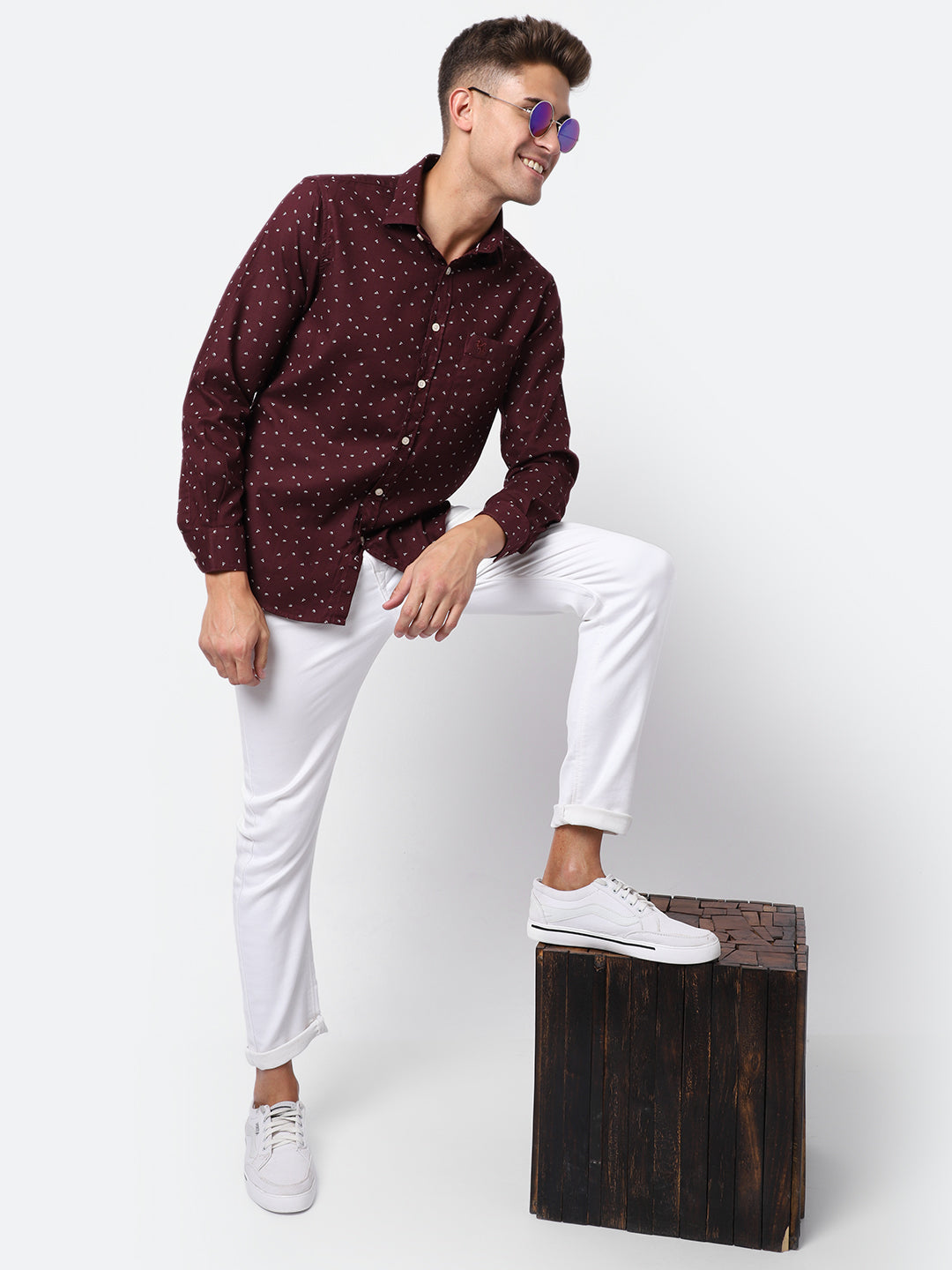 Cantabil Cotton Printed Maroon Full Sleeve Casual Shirt for Men with Pocket (6927756492939)