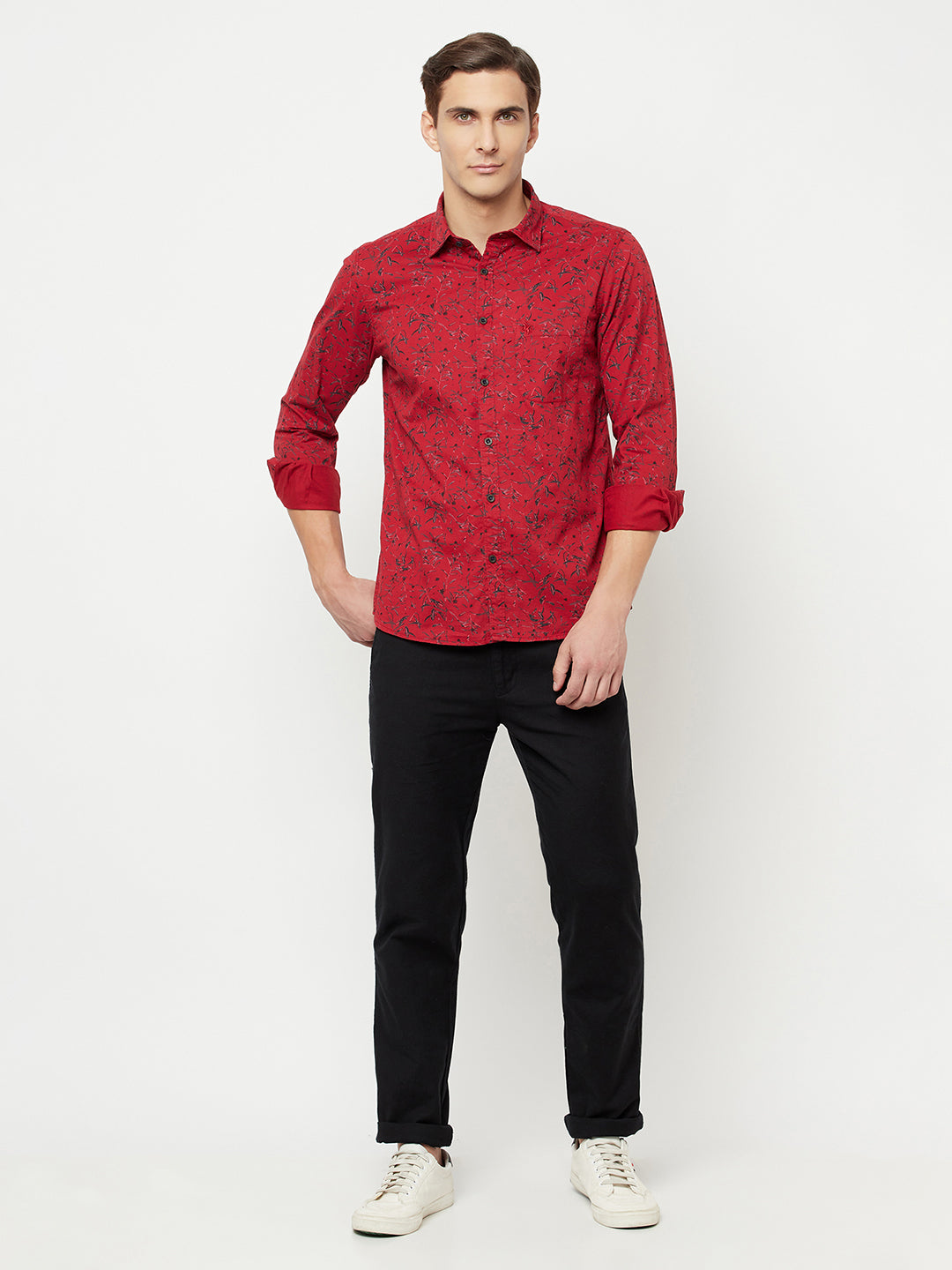 Cantabil Cotton Printed Red Full Sleeve Casual Shirt for Men with Pocket (6816198262923)