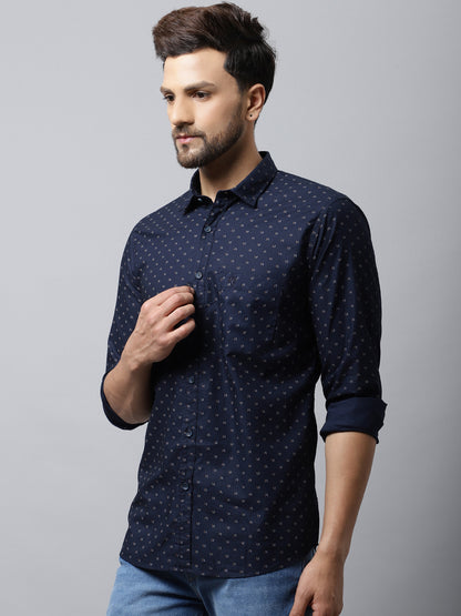 Cantabil Cotton Printed Navy Blue Full Sleeve Casual Shirt for Men with Pocket (7048383037579)