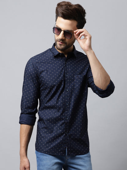 Cantabil Cotton Printed Navy Blue Full Sleeve Casual Shirt for Men with Pocket (7048383037579)