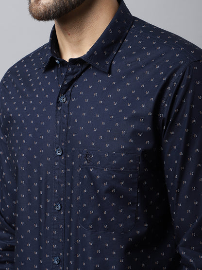 Cantabil Cotton Printed Navy Blue Full Sleeve Casual Shirt for Men with Pocket (7048383037579)