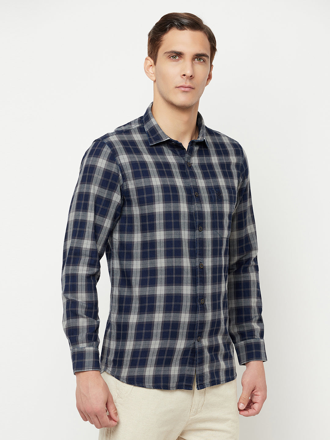 Cantabil Cotton Checkered Grey Full Sleeve Casual Shirt for Men with Pocket (6816173490315)