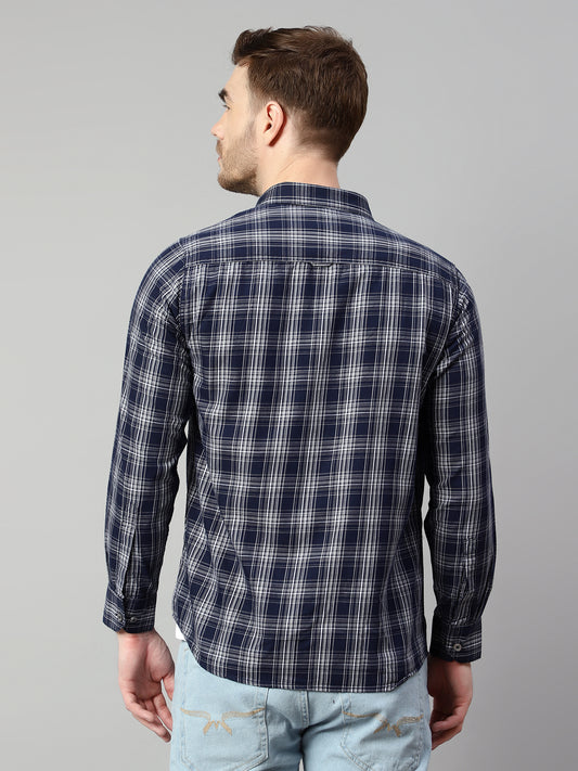 Cantabil Cotton Checkered Navy Blue Full Sleeve Casual Shirt for Men with Pocket (7114262904971)