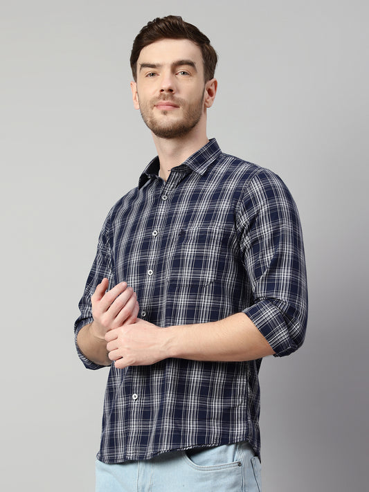 Cantabil Cotton Checkered Navy Blue Full Sleeve Casual Shirt for Men with Pocket (7114262904971)
