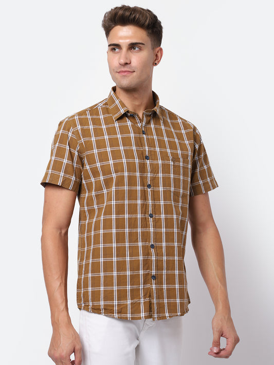 Cantabil Cotton Checkered Brown Half Sleeve Casual Shirt for Men with Pocket (6927936225419)