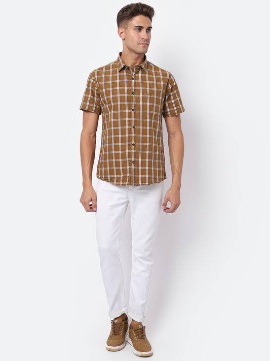 Cantabil Cotton Checkered Brown Half Sleeve Casual Shirt for Men with Pocket (6927936225419)