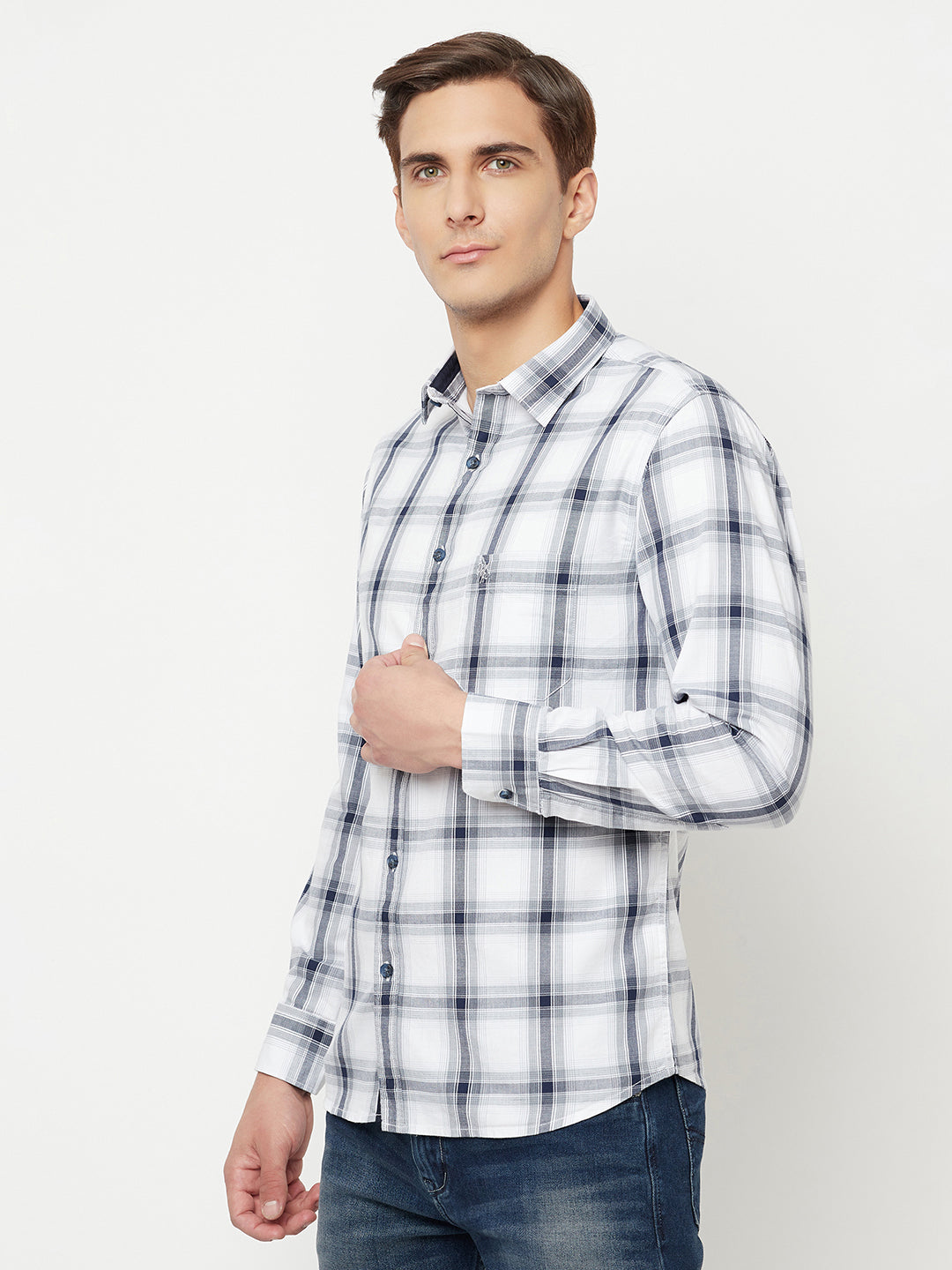 Cantabil Cotton Checkered White Full Sleeve Casual Shirt for Men with Pocket (6816201801867)
