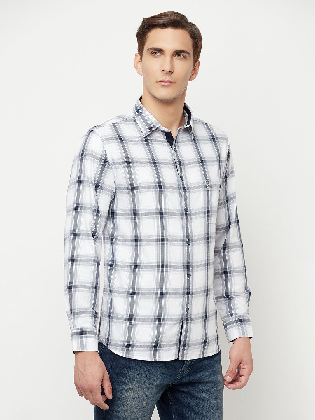 Cantabil Cotton Checkered White Full Sleeve Casual Shirt for Men with Pocket (6816201801867)