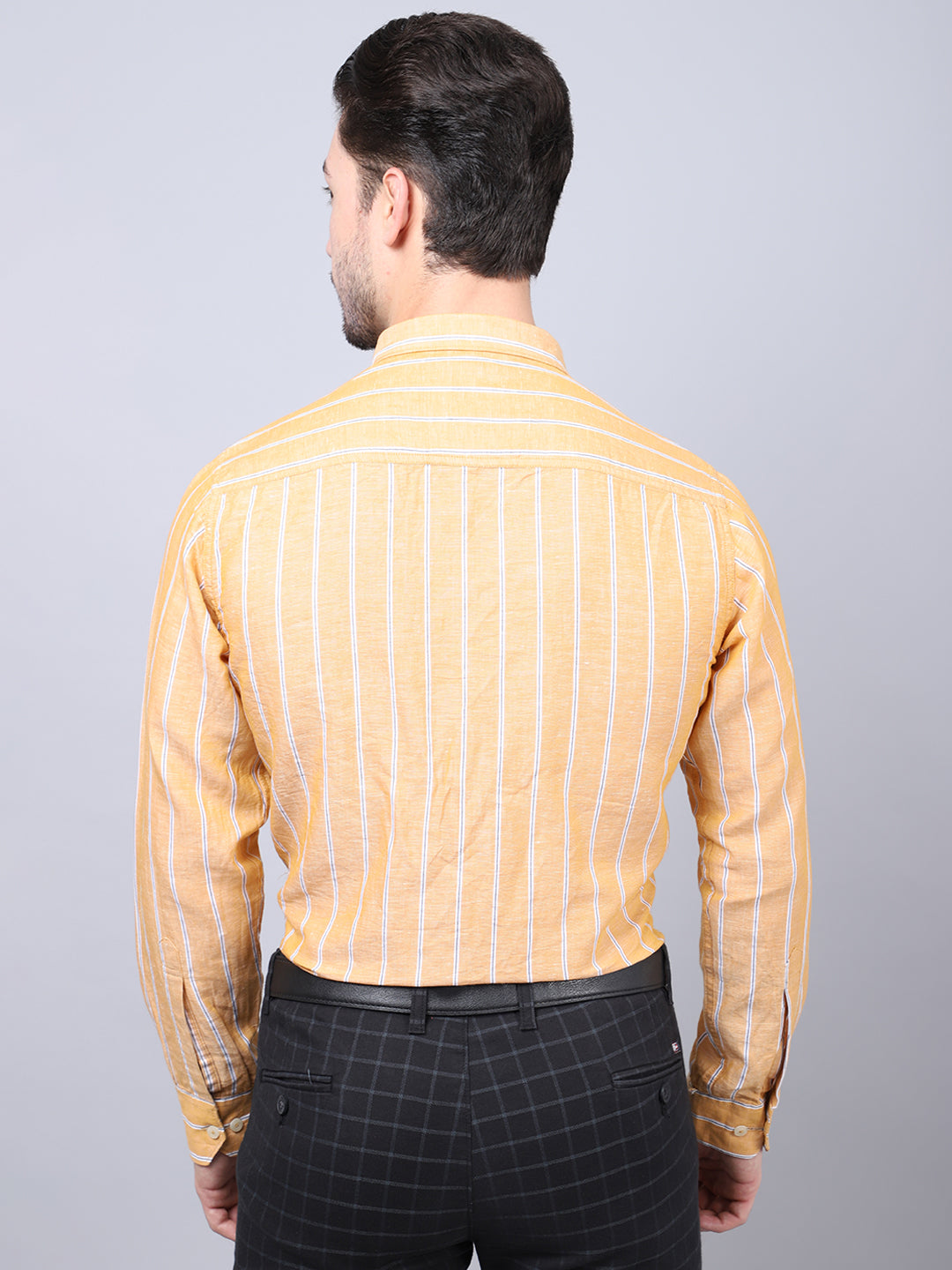 Cantabil Cotton Blend Striped Mustard Full Sleeve Casual Shirt for Men with Pocket (7048402469003)