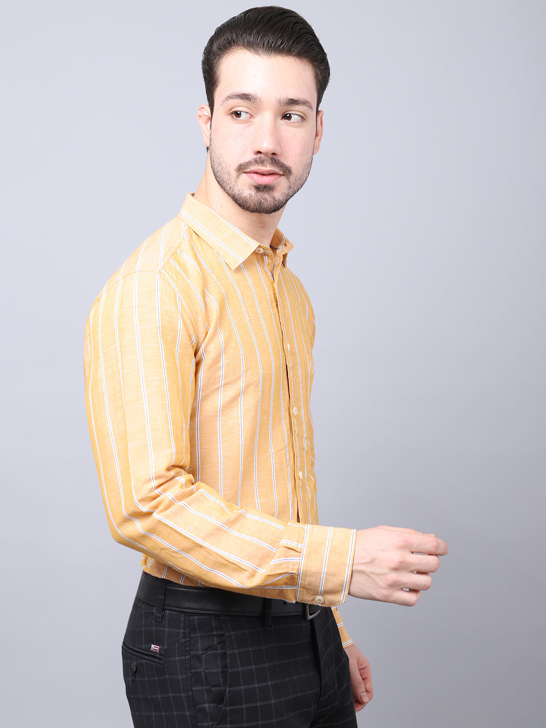 Cantabil Cotton Blend Striped Mustard Full Sleeve Casual Shirt for Men with Pocket (7048402469003)