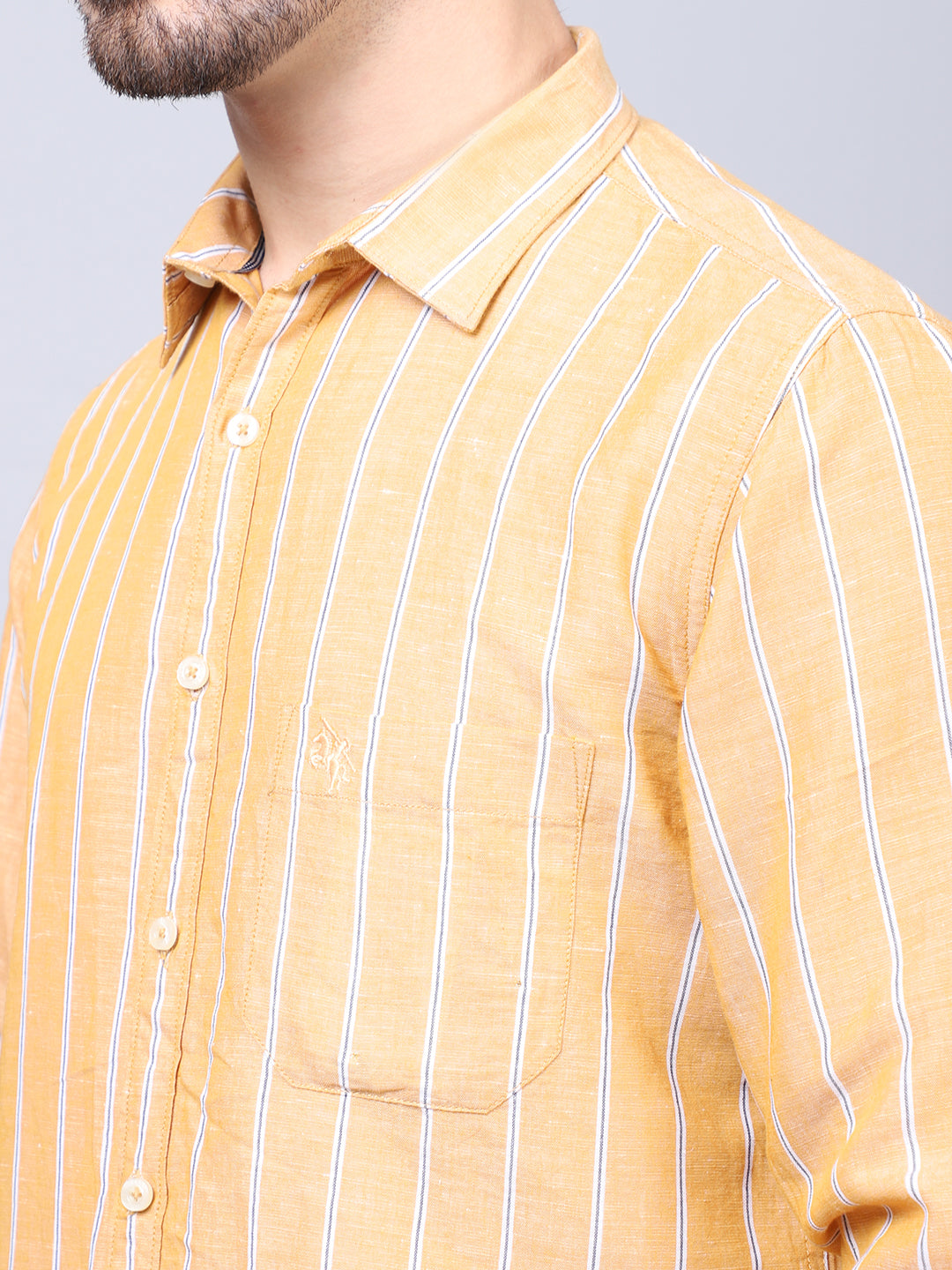 Cantabil Cotton Blend Striped Mustard Full Sleeve Casual Shirt for Men with Pocket (7048402469003)