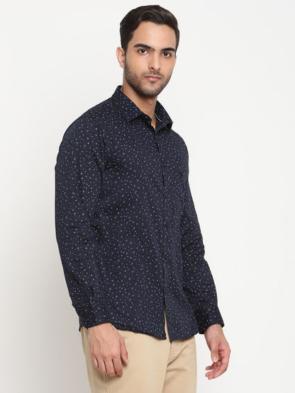 Cantabil Cotton Printed Navy Blue Full Sleeve Casual Shirt for Men with Pocket (6795553407115)