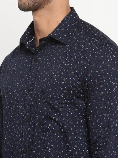 Cantabil Cotton Printed Navy Blue Full Sleeve Casual Shirt for Men with Pocket (6795553407115)