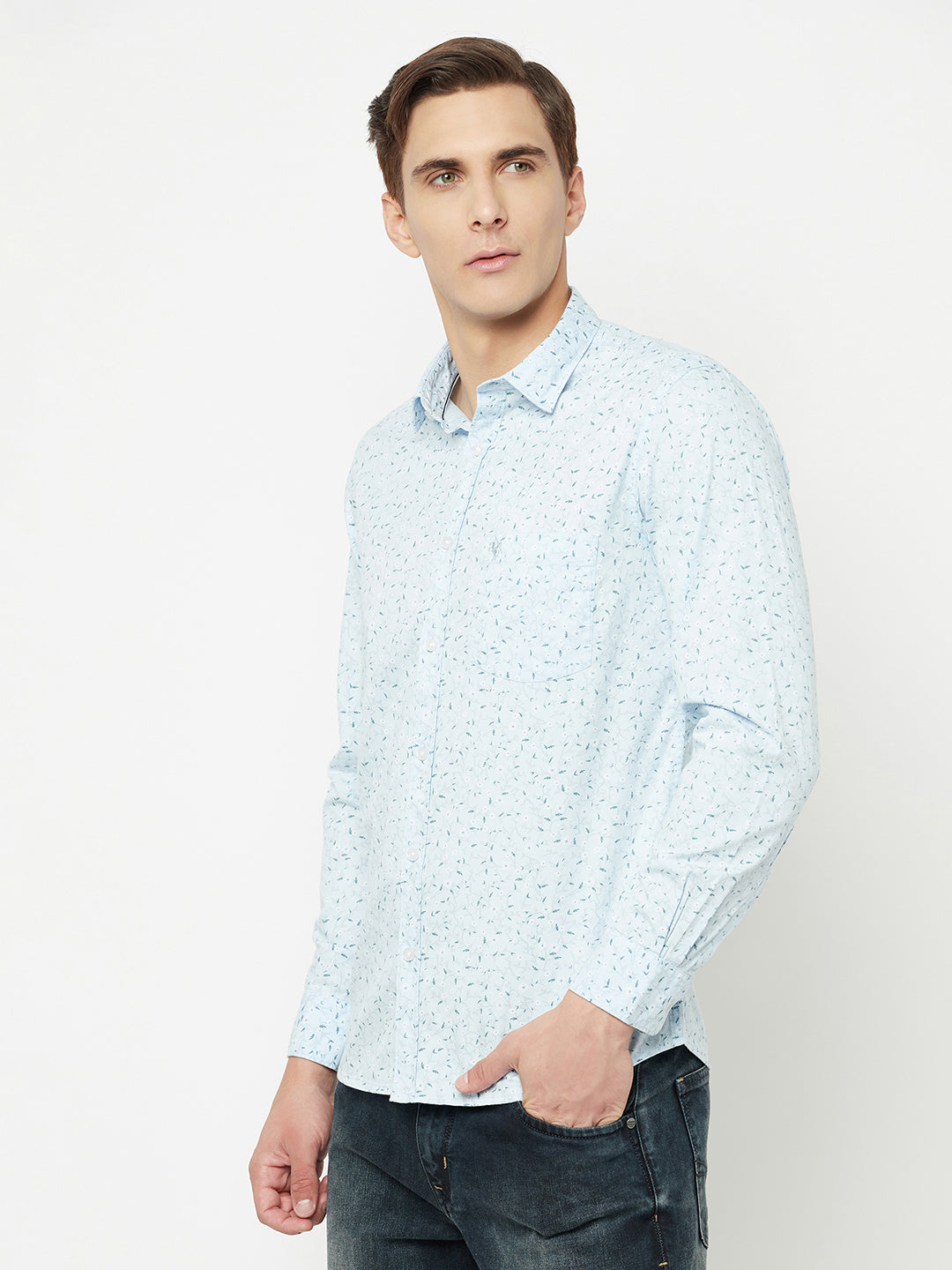 Cantabil Cotton Printed Sky Blue Full Sleeve Casual Shirt for Men with Pocket (6827842306187)