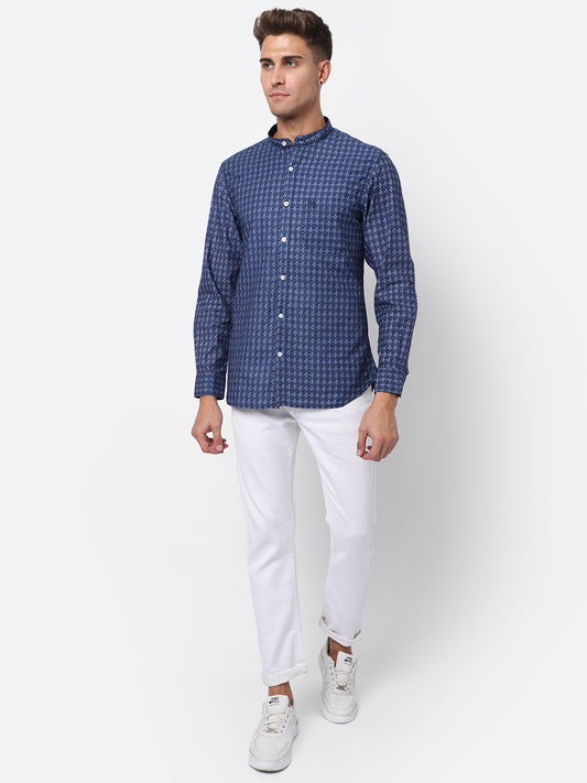 Cantabil Cotton Printed Blue Full Sleeve Casual Shirt for Men with Pocket (6928170221707)
