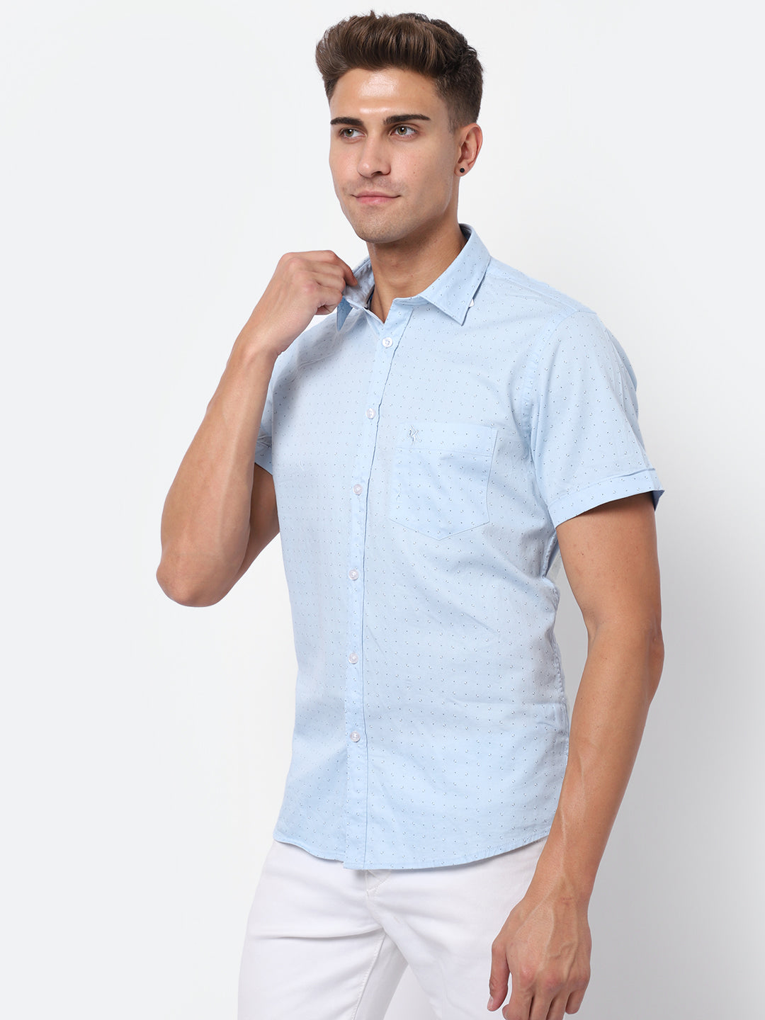 Cantabil Cotton Printed Sky Blue Half Sleeve Casual Shirt for Men with Pocket (6928187392139)