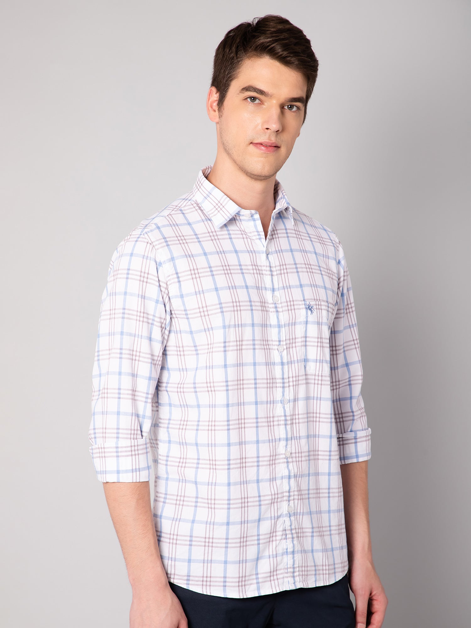 Cantabil Cotton Checkered White Full Sleeve Casual Shirt for Men with Pocket (7048381956235)