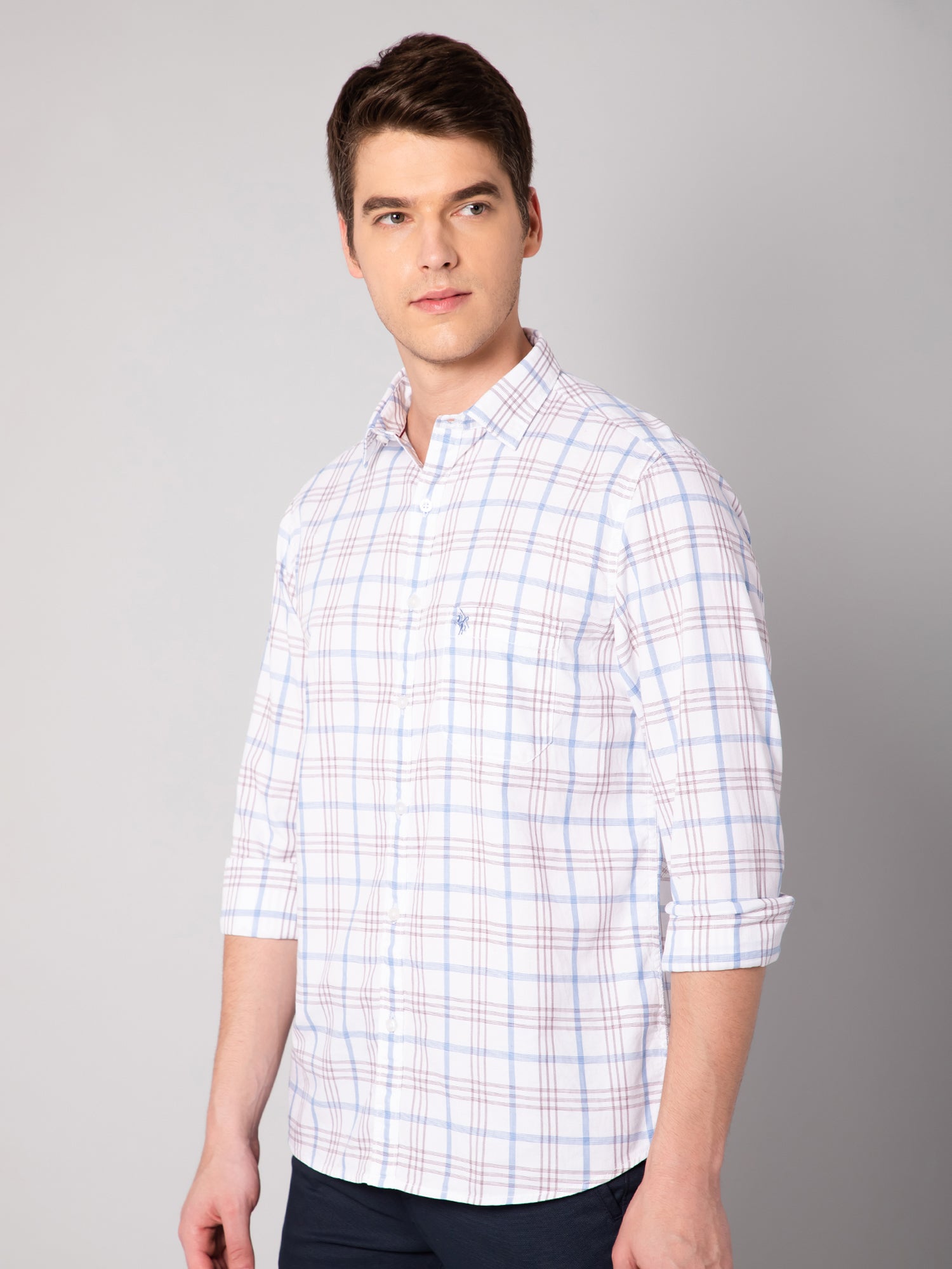 Cantabil Cotton Checkered White Full Sleeve Casual Shirt for Men with Pocket (7048381956235)