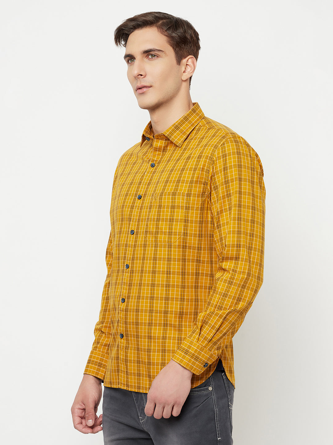 Cantabil Cotton Checkered Mustard Full Sleeve Casual Shirt for Men with Pocket (6816160809099)