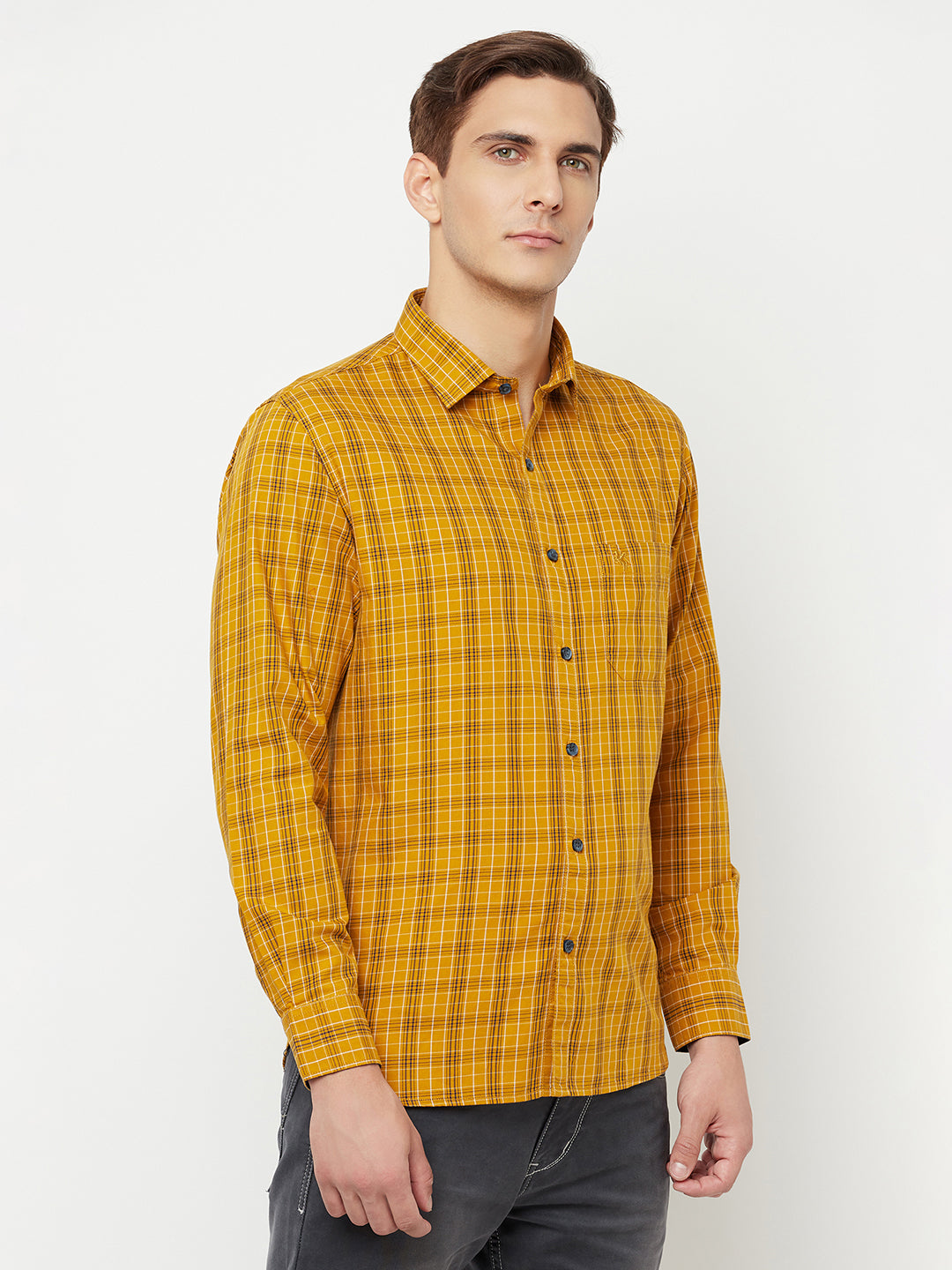 Cantabil Cotton Checkered Mustard Full Sleeve Casual Shirt for Men with Pocket (6816160809099)