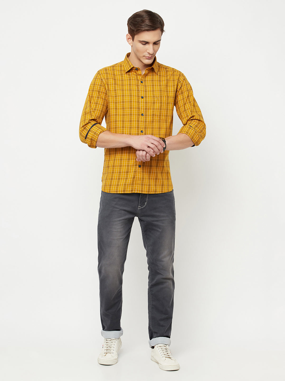 Cantabil Cotton Checkered Mustard Full Sleeve Casual Shirt for Men with Pocket (6816160809099)