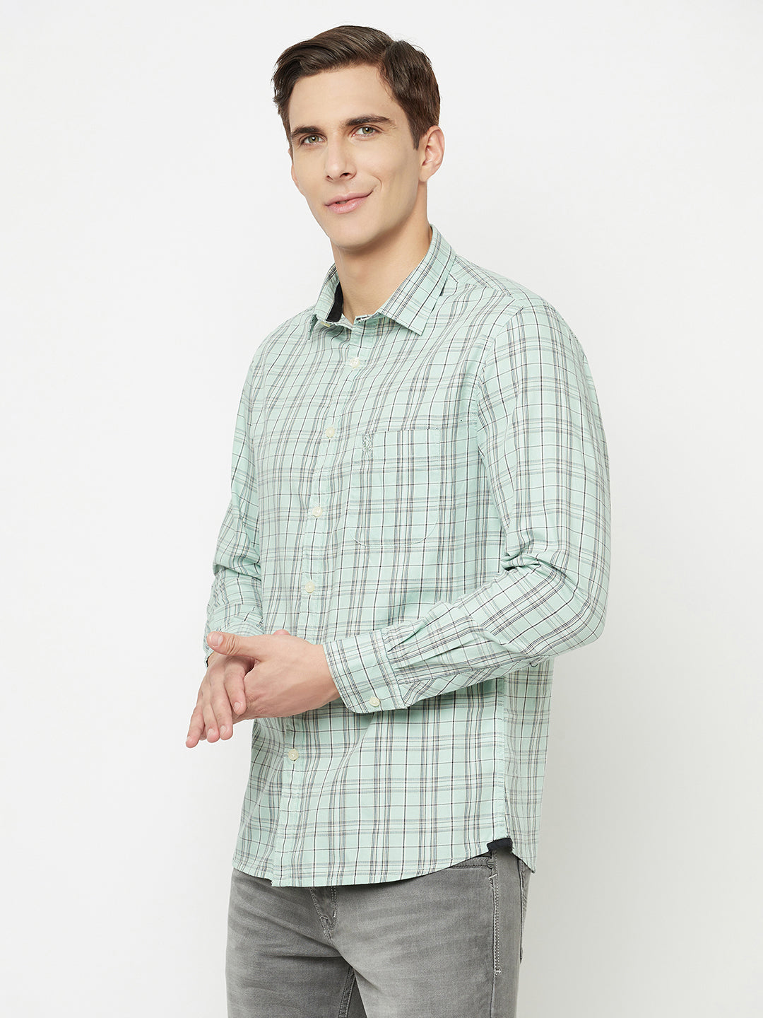 Cantabil Cotton Checkered Light Green Full Sleeve Casual Shirt for Men with Pocket (6827062198411)