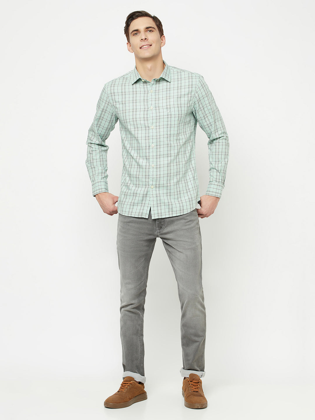 Cantabil Cotton Checkered Light Green Full Sleeve Casual Shirt for Men with Pocket (6827062198411)