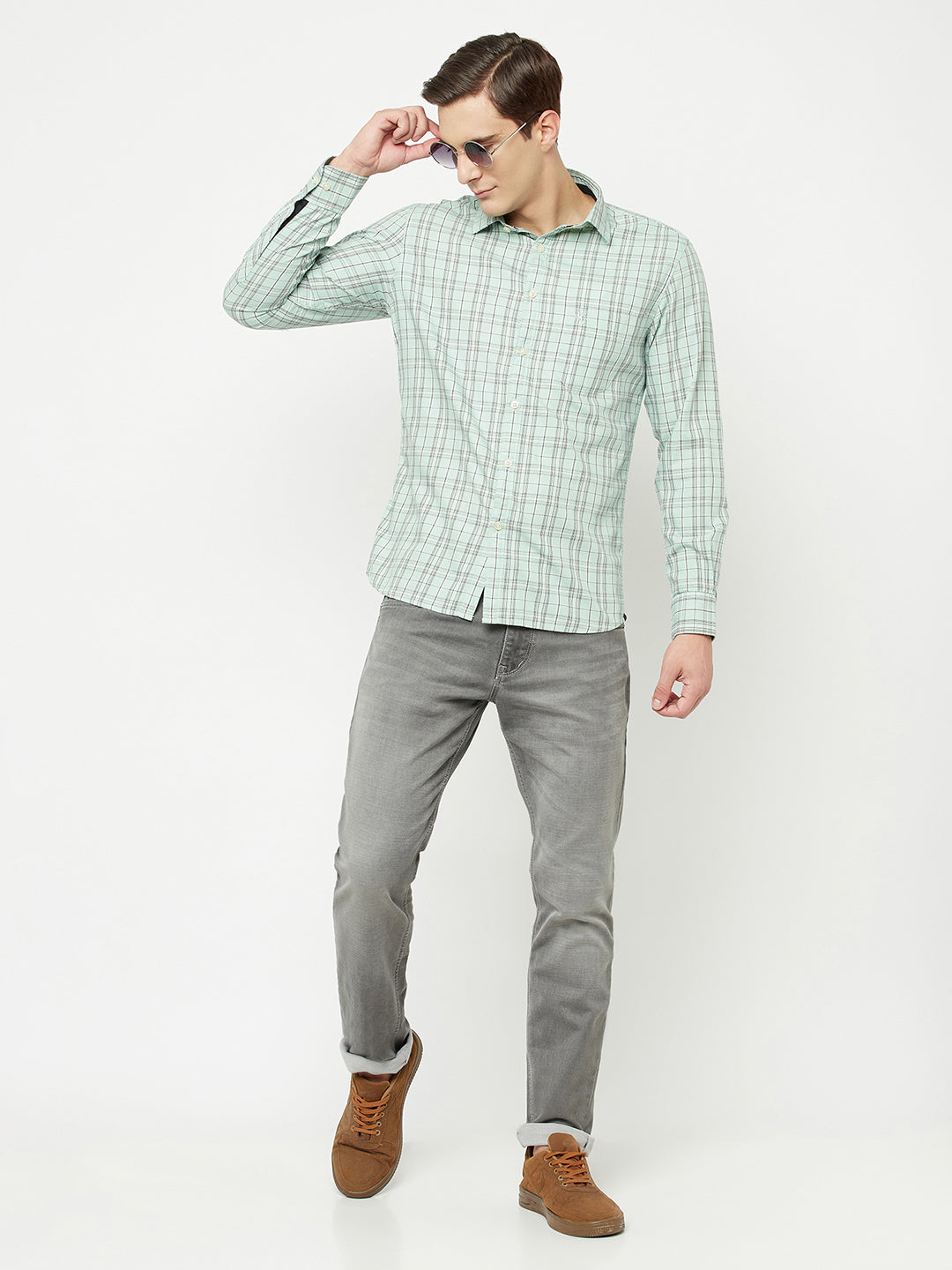 Cantabil Cotton Checkered Light Green Full Sleeve Casual Shirt for Men with Pocket (6827062198411)