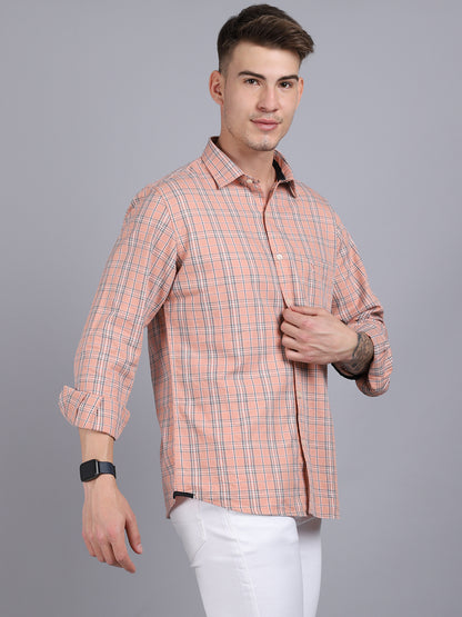 Cantabil Cotton Checkered Peach Full Sleeve Casual Shirt for Men with Pocket (6853774409867)