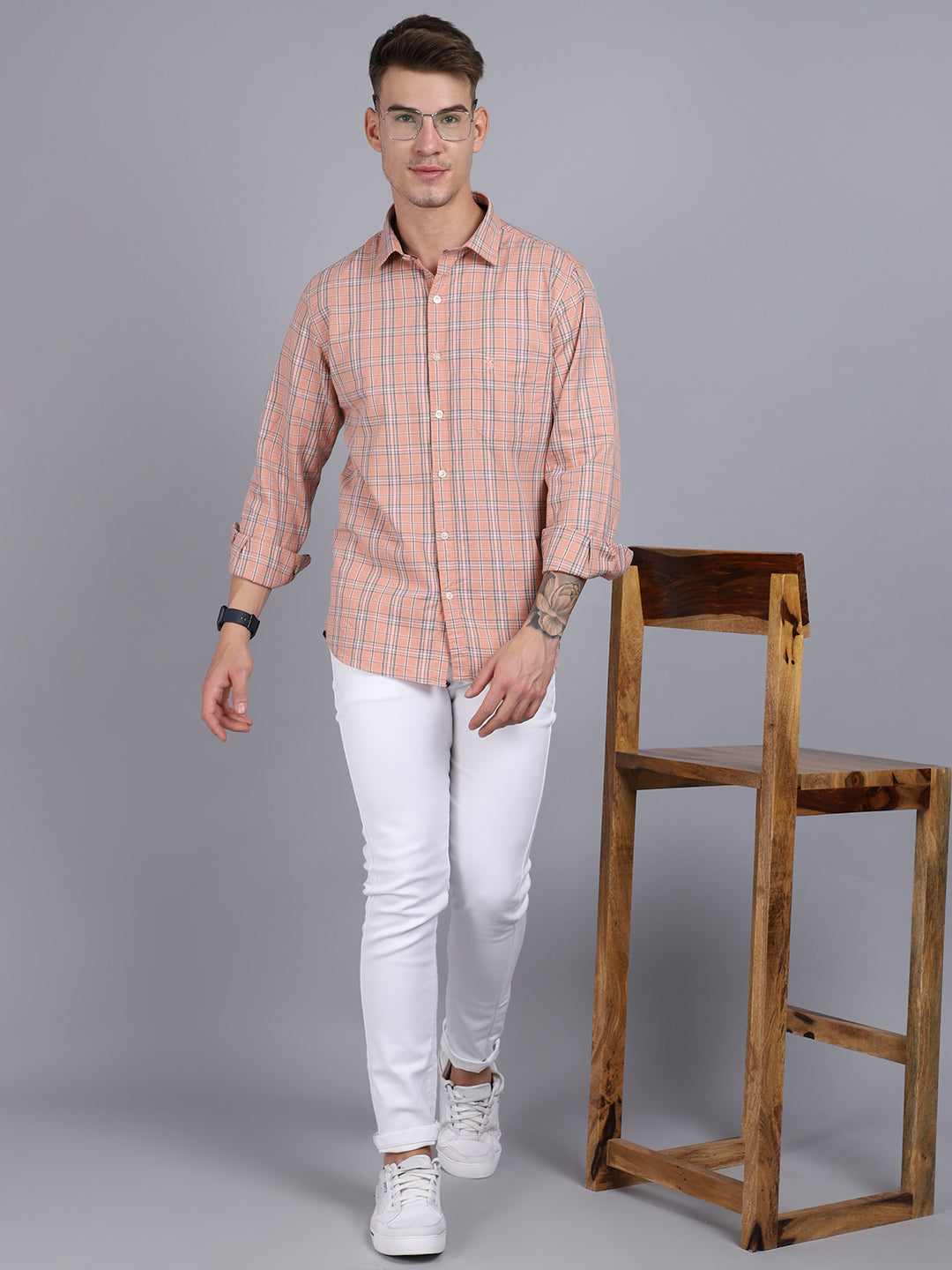 Cantabil Cotton Checkered Peach Full Sleeve Casual Shirt for Men with Pocket (6853774409867)