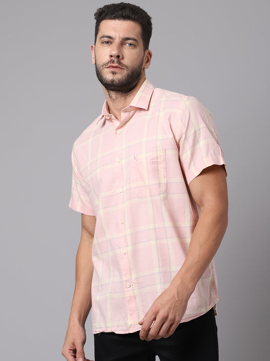 Cantabil Cotton Checkered Pink Half Sleeve Casual Shirt for Men with Pocket (7049019981963)