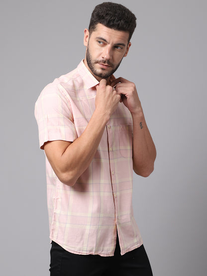 Cantabil Cotton Checkered Pink Half Sleeve Casual Shirt for Men with Pocket (7049019981963)