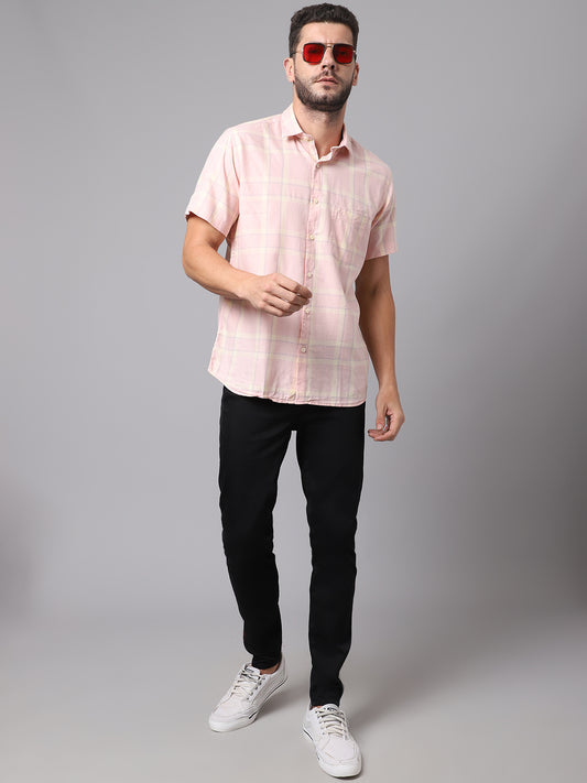 Cantabil Cotton Checkered Pink Half Sleeve Casual Shirt for Men with Pocket (7049019981963)